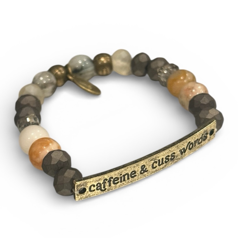 Caffeine And Cuss Words Sassy Semiprecious Stone Beaded Bracelet Bronze